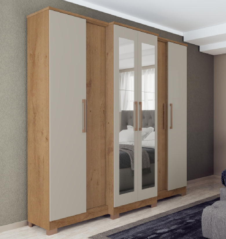 Montreal 6 Doors and 4 Drawers Couple Wardrobe With Mirror 2021R-355 Off White Natural / Rustic Cinnamon - Mass Atualle