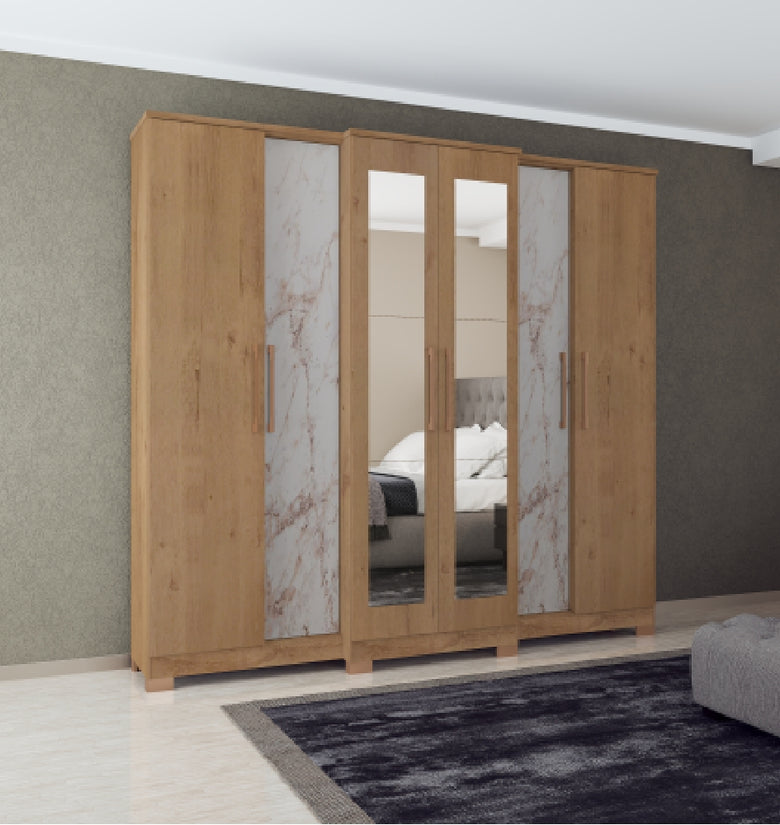 Montreal 6 Doors and 4 Drawers Couple Wardrobe With Mirror 2021R-443 Rustic Canelato / Granit - Mass Atualle