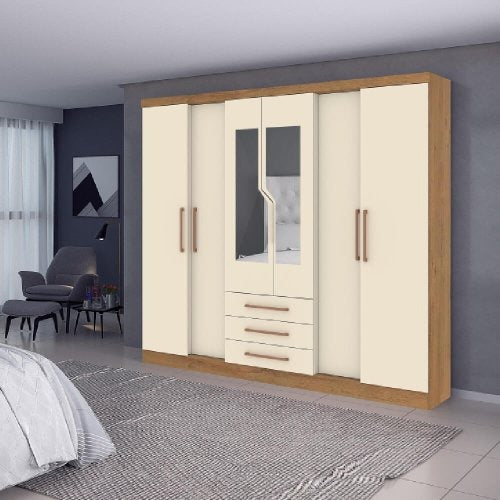 New Paris 6 Doors and 4 Drawers Wardrobe With Mirror 2526R-355 Canela Nature Off White - Mass Atualle