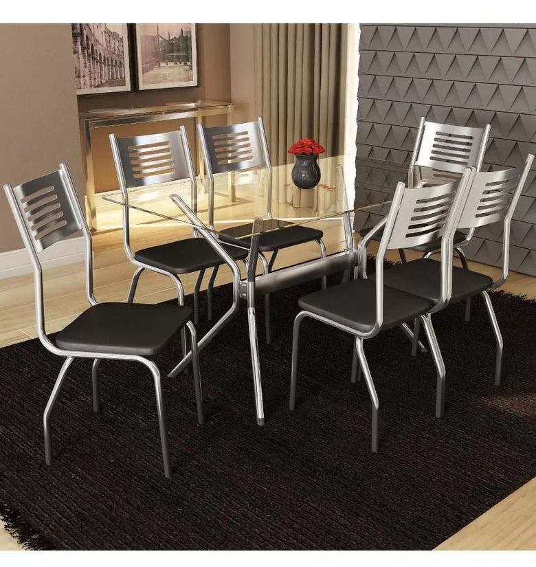 1.4m Glass Top Rectangular Table And 6 Chairs Dining Set CMC473CR-110 Chrome/Black - Kappesberg