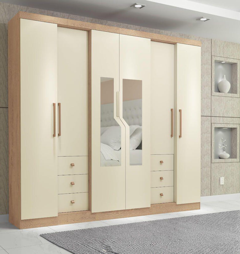 Geneva 6 Doors And 6 Drawers Wardrobe With Mirror 2100R-355 Natural/off White - Mass Atualle